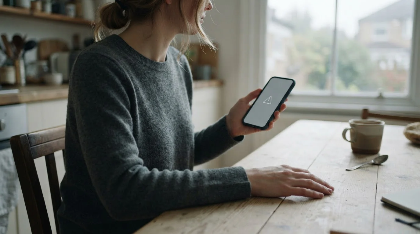 Person at a table looking at a declined payment message on a phone