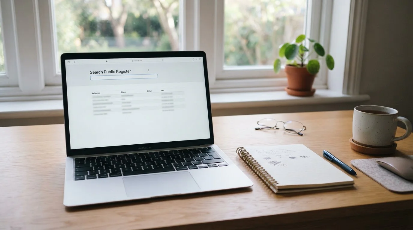 Public licence register open on a laptop screen beside a notepad