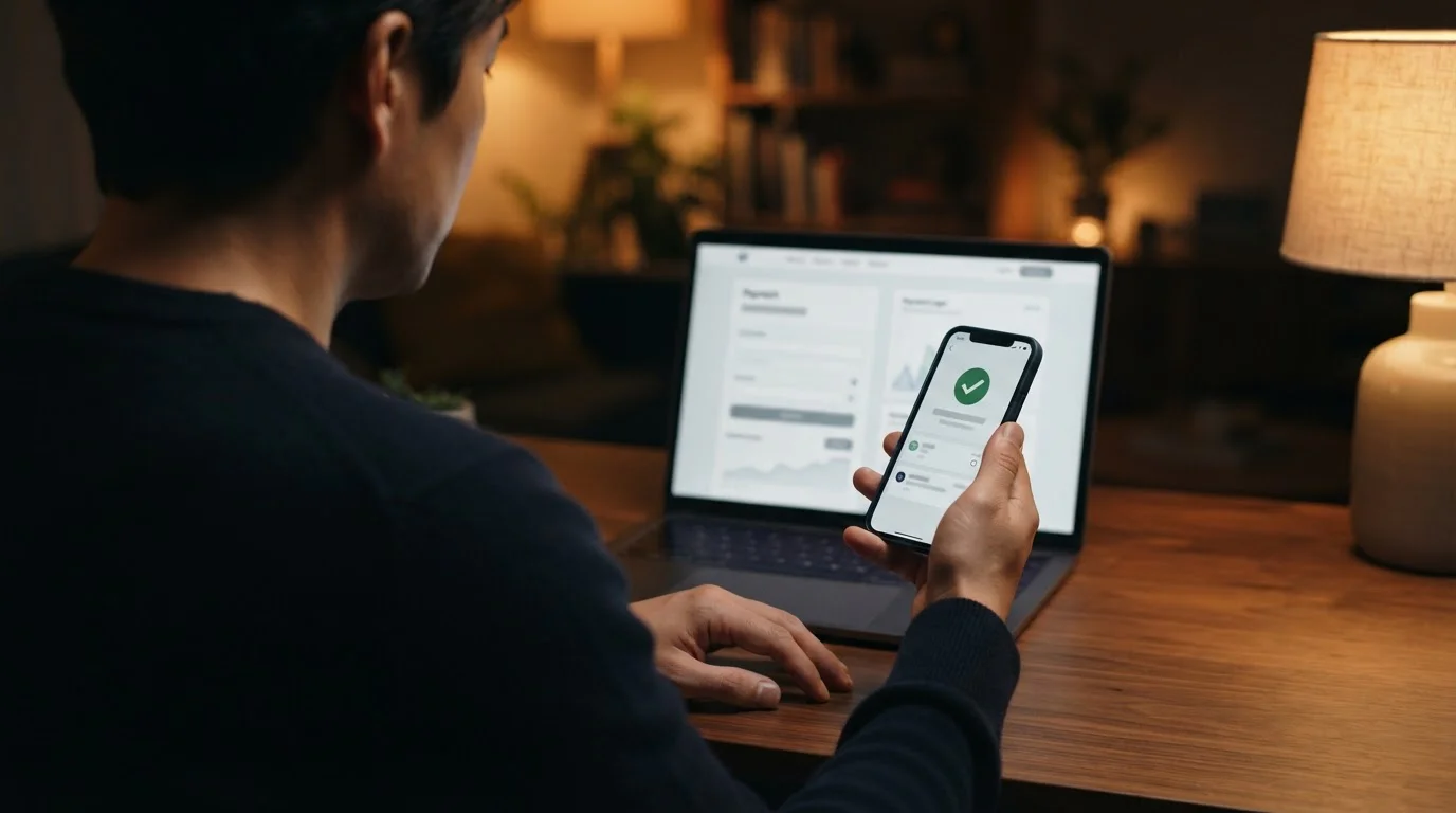 Smartphone showing a wallet top-up confirmation next to a laptop cashier page