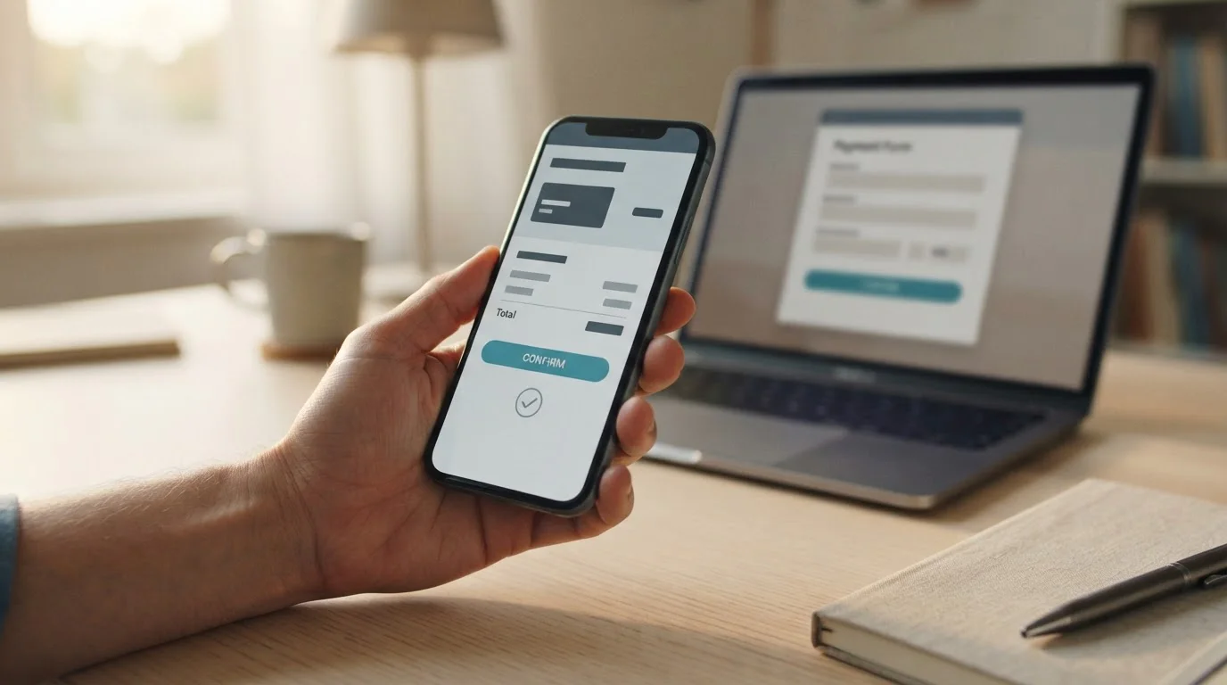 Hand holding a phone showing a banking app approval screen with a laptop cashier page behind it
