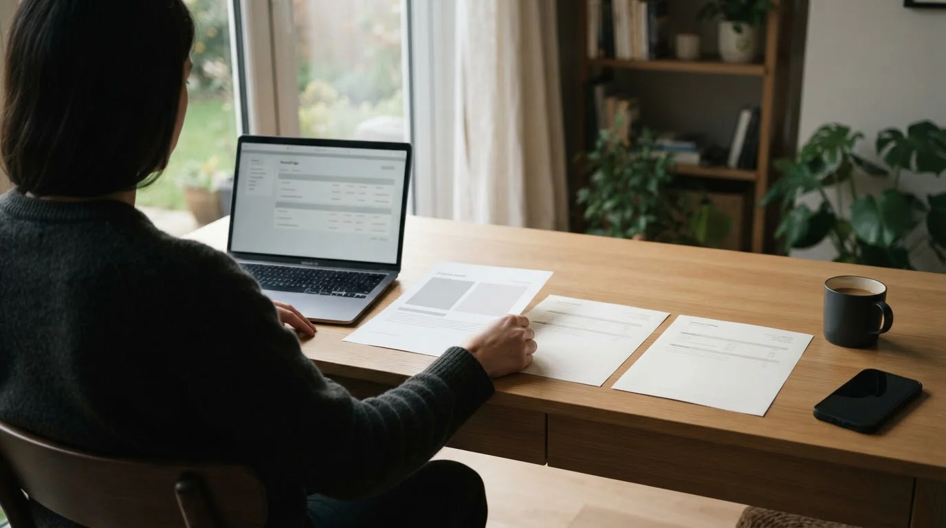 Person at a desk arranging identity and address documents next to an open laptop