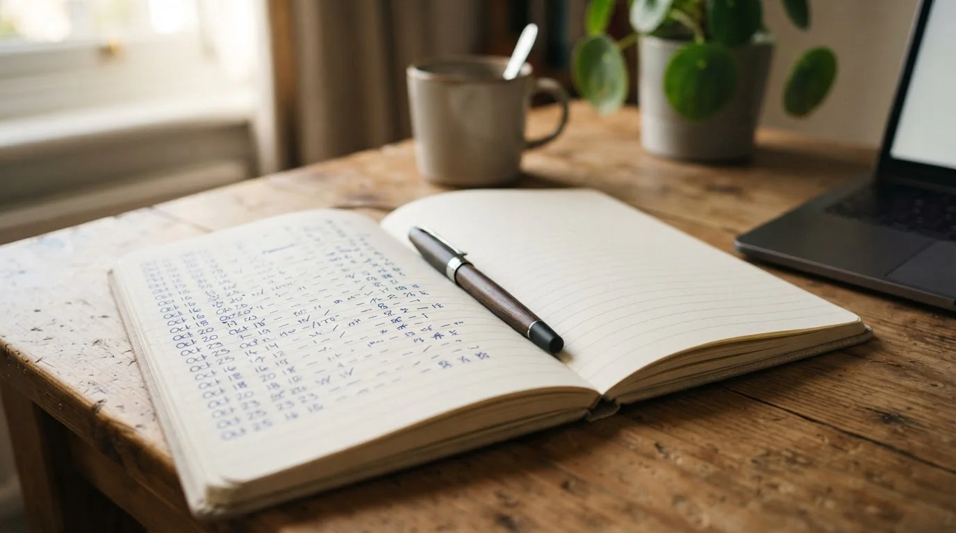 Notebook with a running record of deposit and withdrawal dates and values