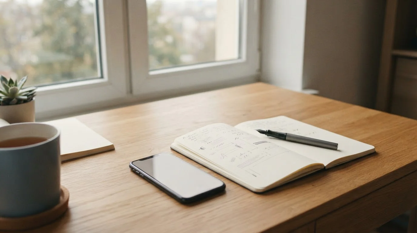 Smartphone and notepad on a desk while choosing an online casino payment method in the UK