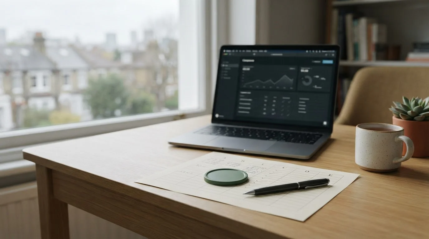 Desk with a laptop and notes comparing Bitcoin Cash casino sites for UK players