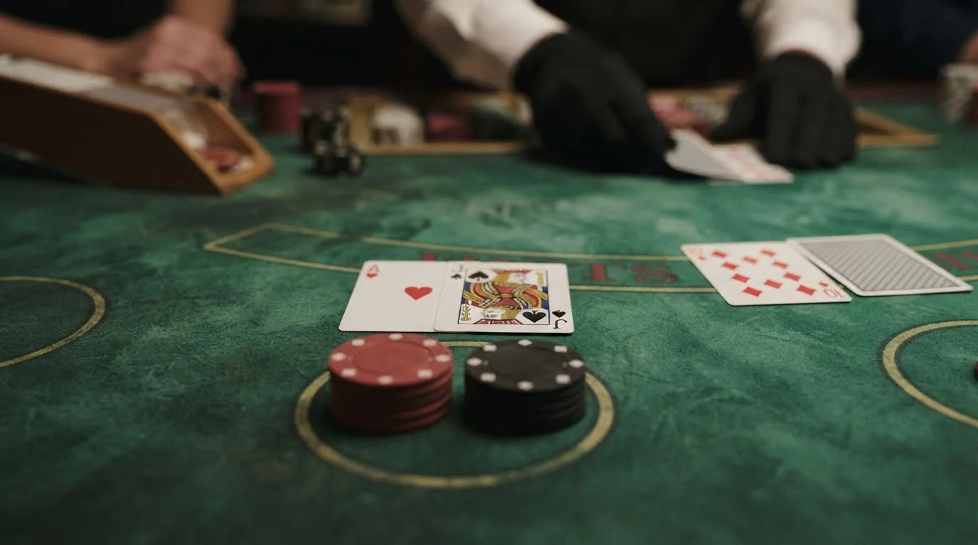 Playing cards and casino chips on green felt surface
