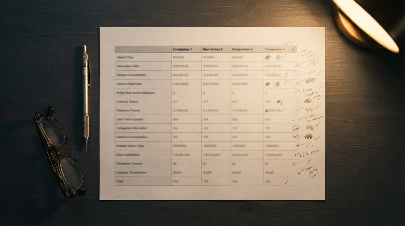 Printed comparison sheet with rows of handwritten annotations in the margin