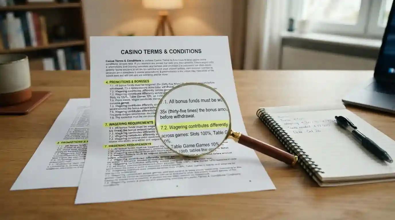 Casino bonus terms document with wagering requirements highlighted