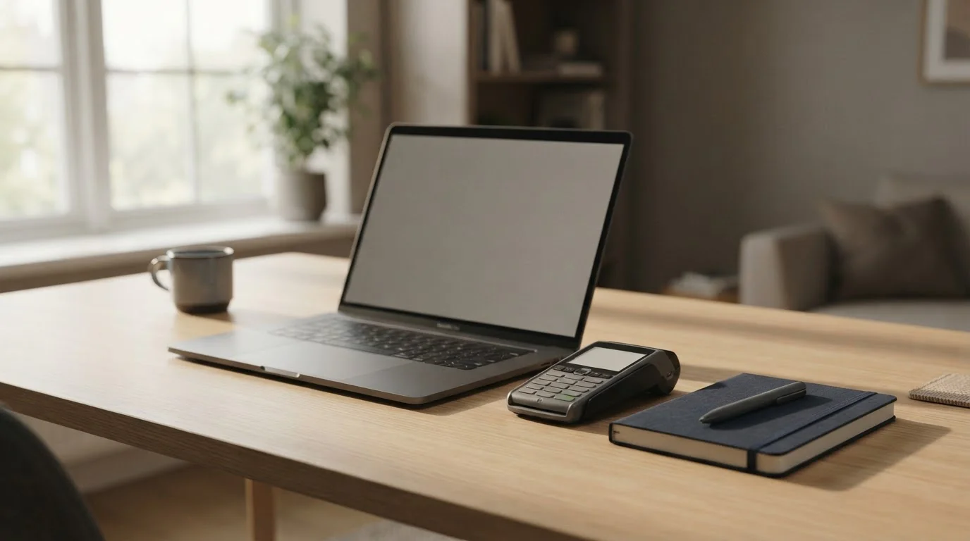 Desk with a laptop and a payment terminal showing a declined transaction