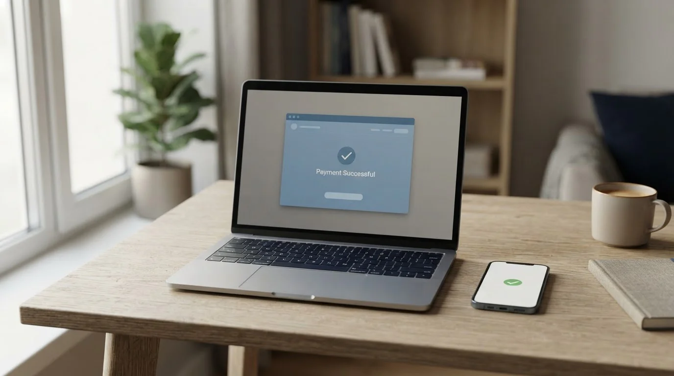 Laptop and smartphone on a desk showing an e-wallet payment screen for UK casino deposits
