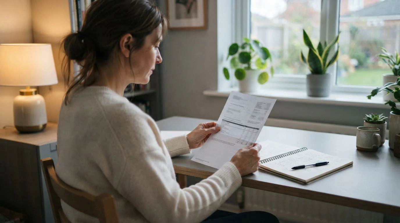 Person at a desk reviewing a printed transaction statement with a notepad and pen