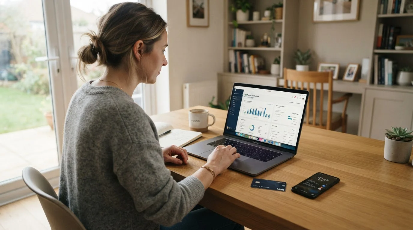 Person at laptop reviewing casino withdrawal methods with debit card and smartphone on desk