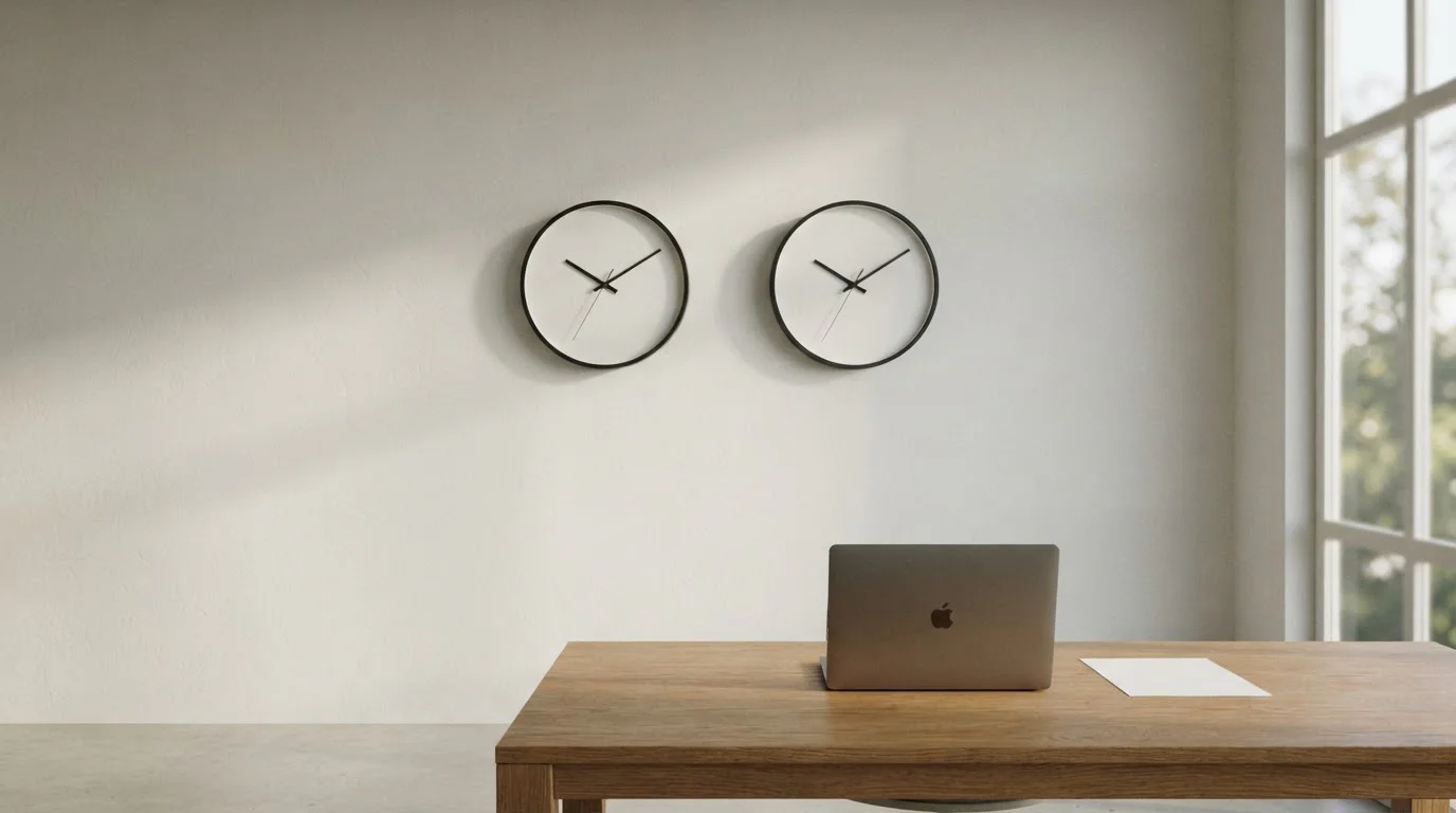 Two wall clocks side by side above a plain office desk