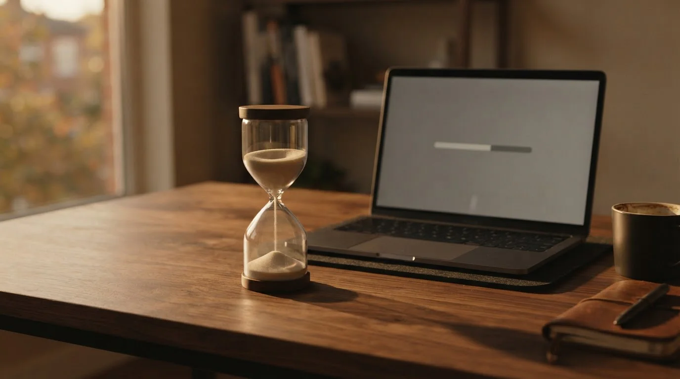 Hourglass beside a laptop showing a neutral pending transfer screen