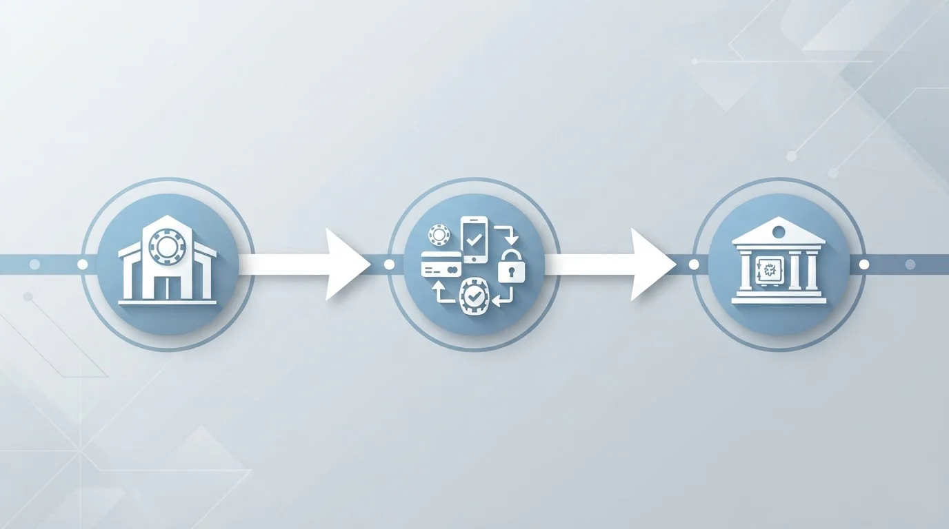 Three-stage withdrawal timeline diagram with casino, payment processor, and bank