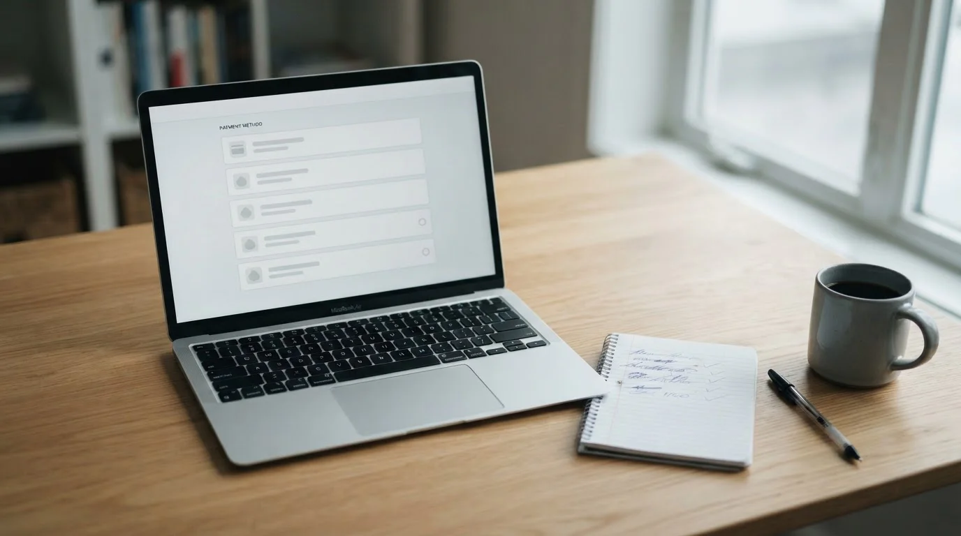 Laptop screen showing a neutral payment selection list beside a handwritten shortlist of site names
