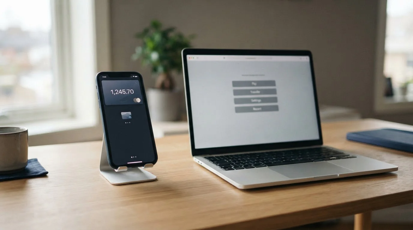 Smartphone wallet app beside a laptop showing a casino payment selection screen