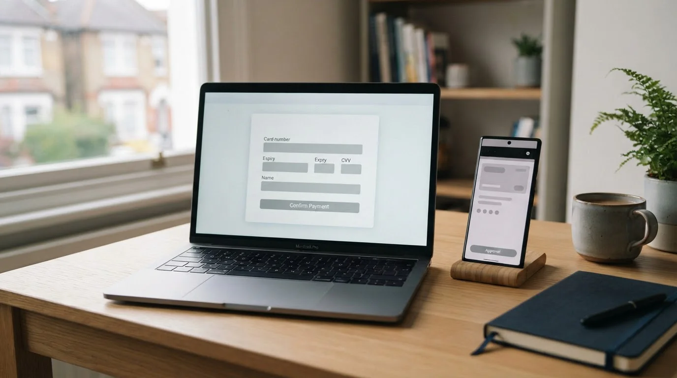 Casinos that accept bank transfer in the UK shown as a laptop cashier page beside a phone banking app
