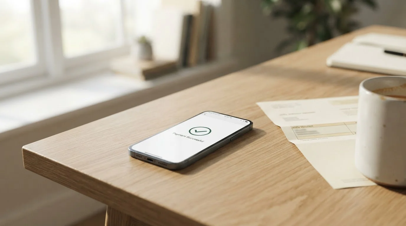 Smartphone on a desk showing a mobile payment confirmation screen beside a paper phone bill