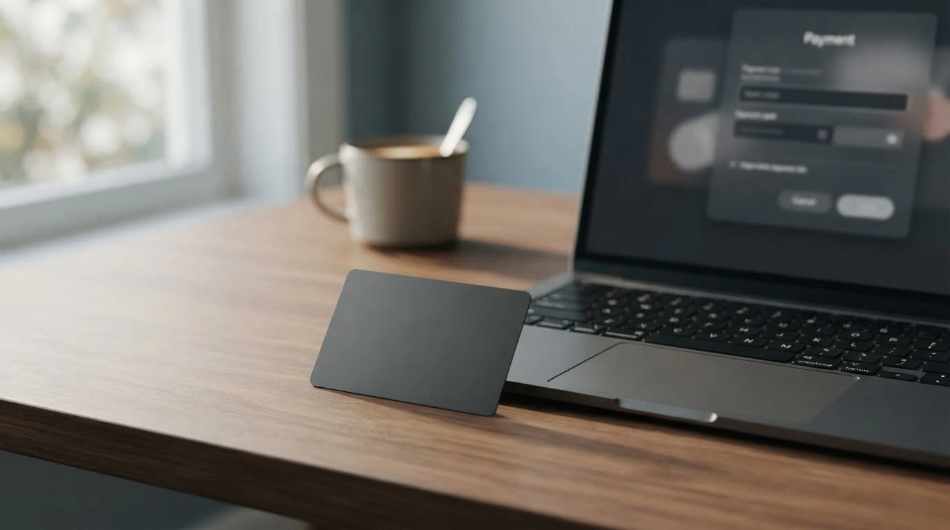 Charge card resting on a desk beside a laptop showing a casino deposit screen