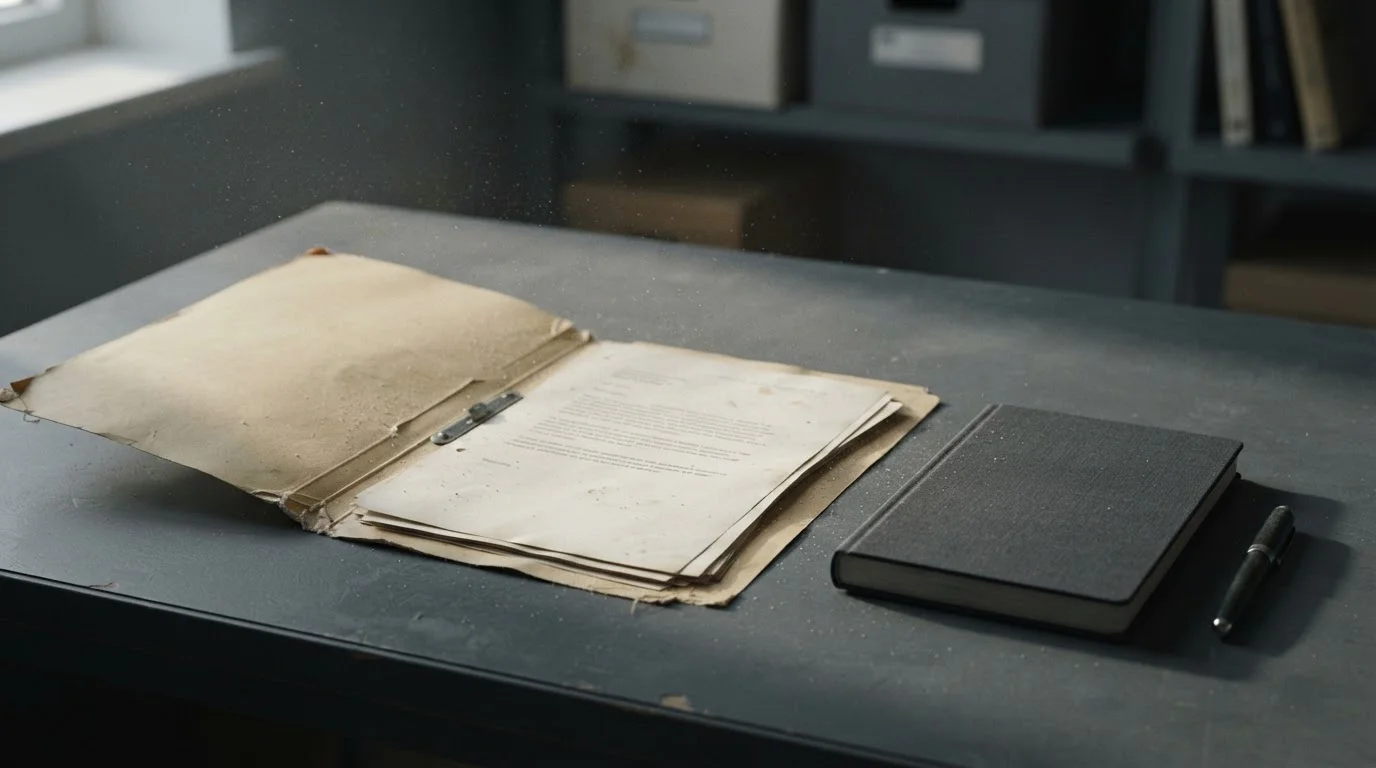 Archived payment documentation in a folder on a desk beside a closed notebook