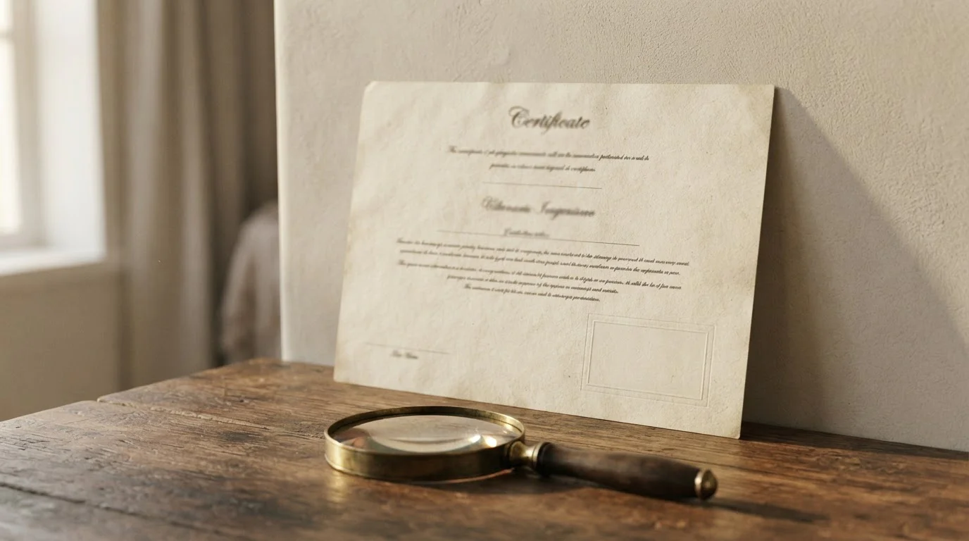 Neutral licence certificate on a desk beside a magnifying glass