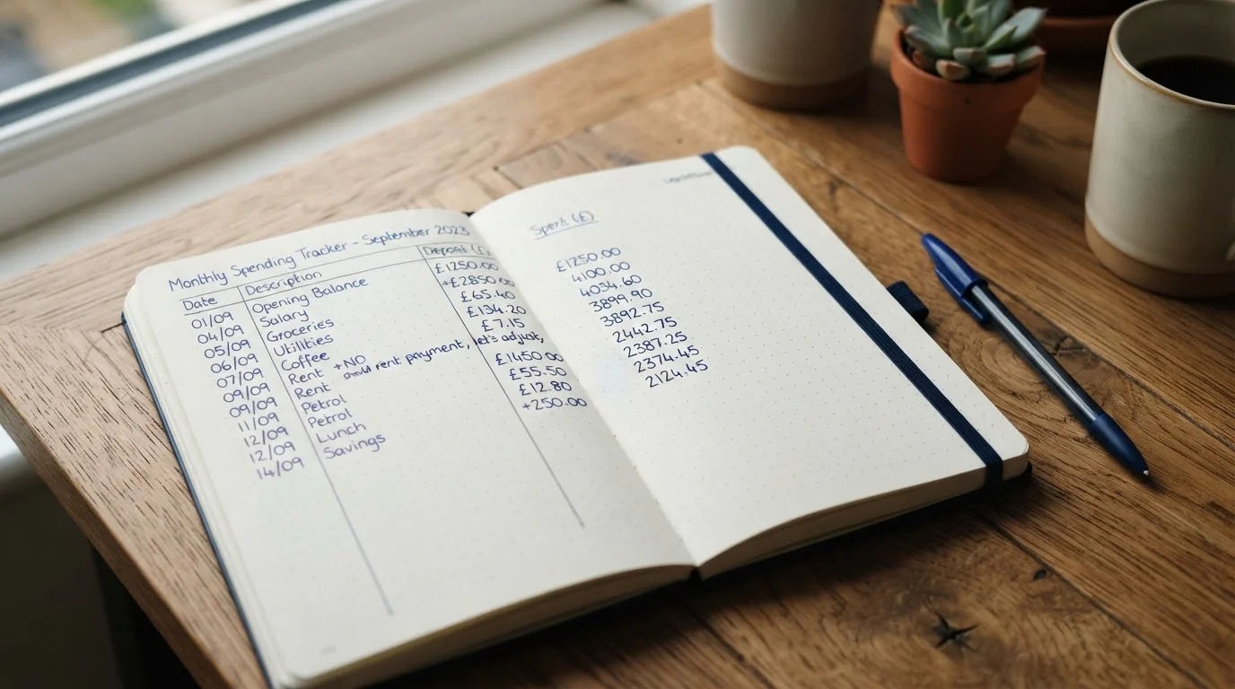 Notepad with handwritten spending tracker showing daily deposit amounts and monthly totals
