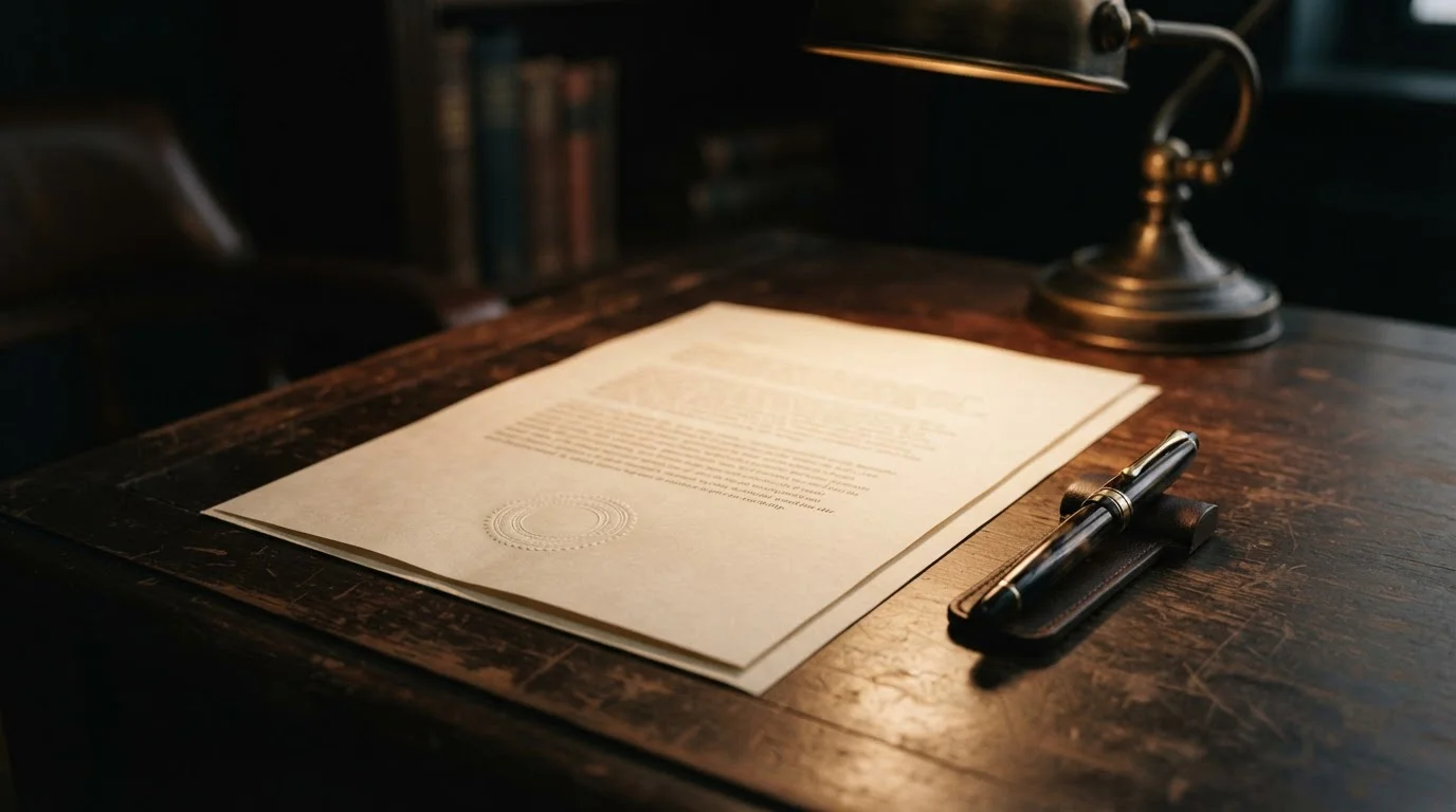 Printed regulatory document with an official stamp open on a desk under a reading lamp
