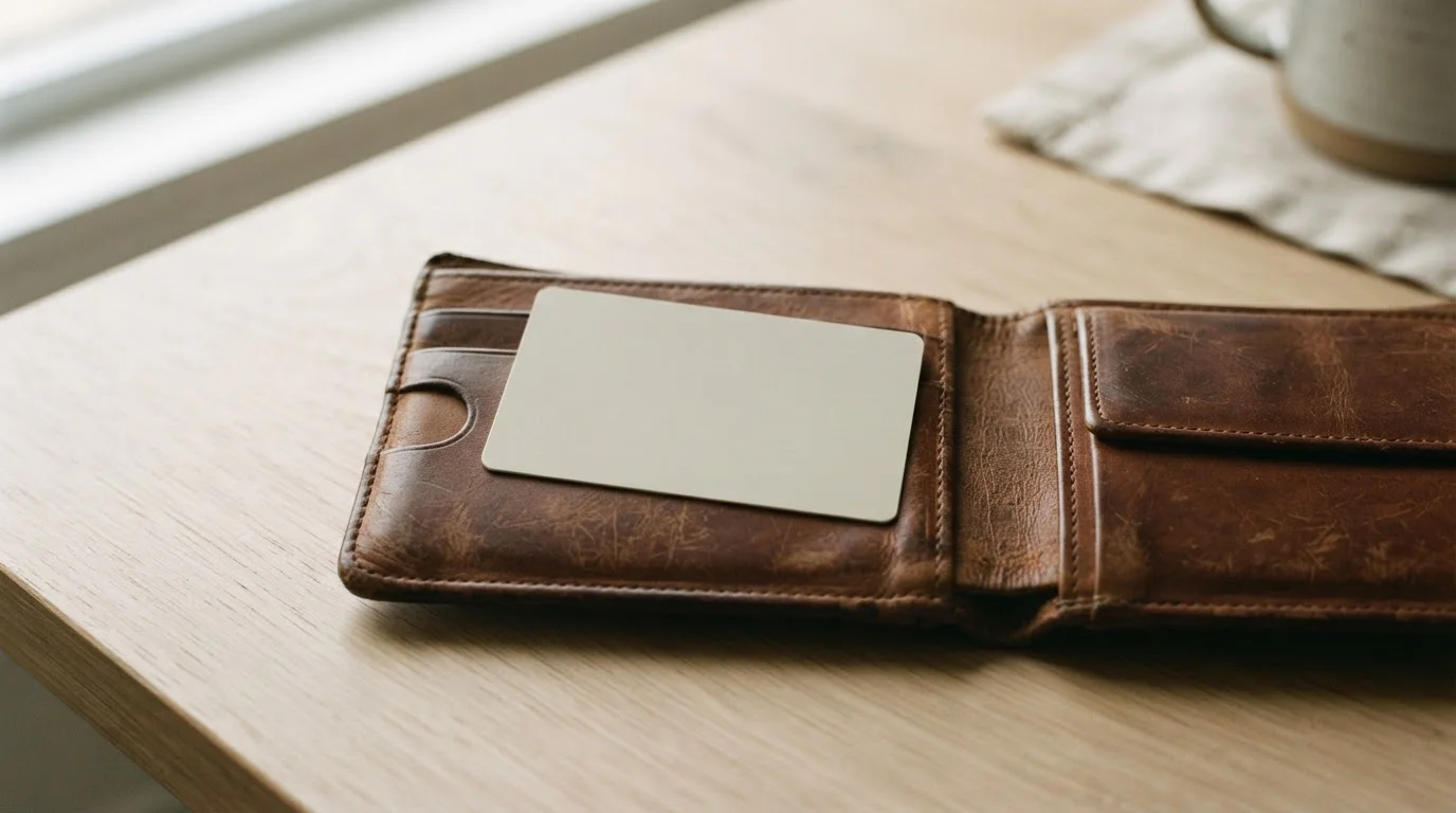 Open leather wallet on a wooden surface holding a single unmarked plastic card