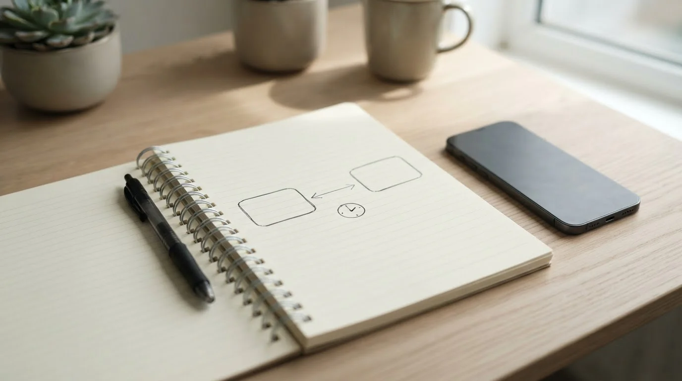 Simple two-stage flow diagram sketched on a notepad beside a phone