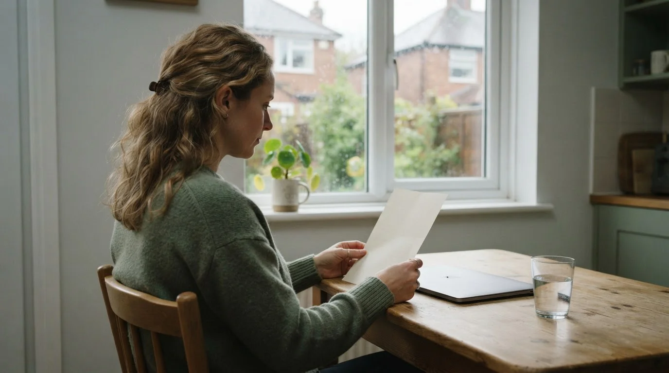 Person at a kitchen table reading a self-exclusion information leaflet beside a closed laptop