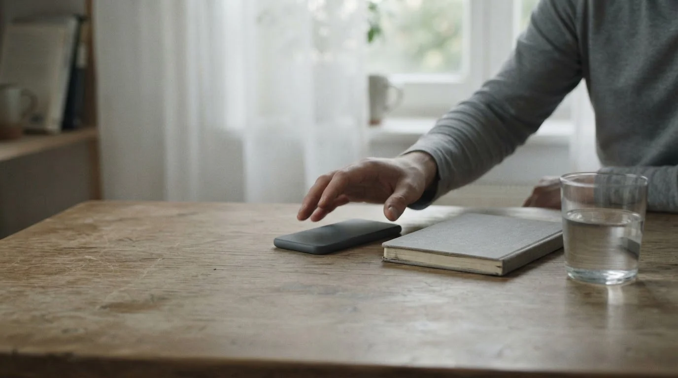 Phone set face down on a kitchen table beside a closed notebook