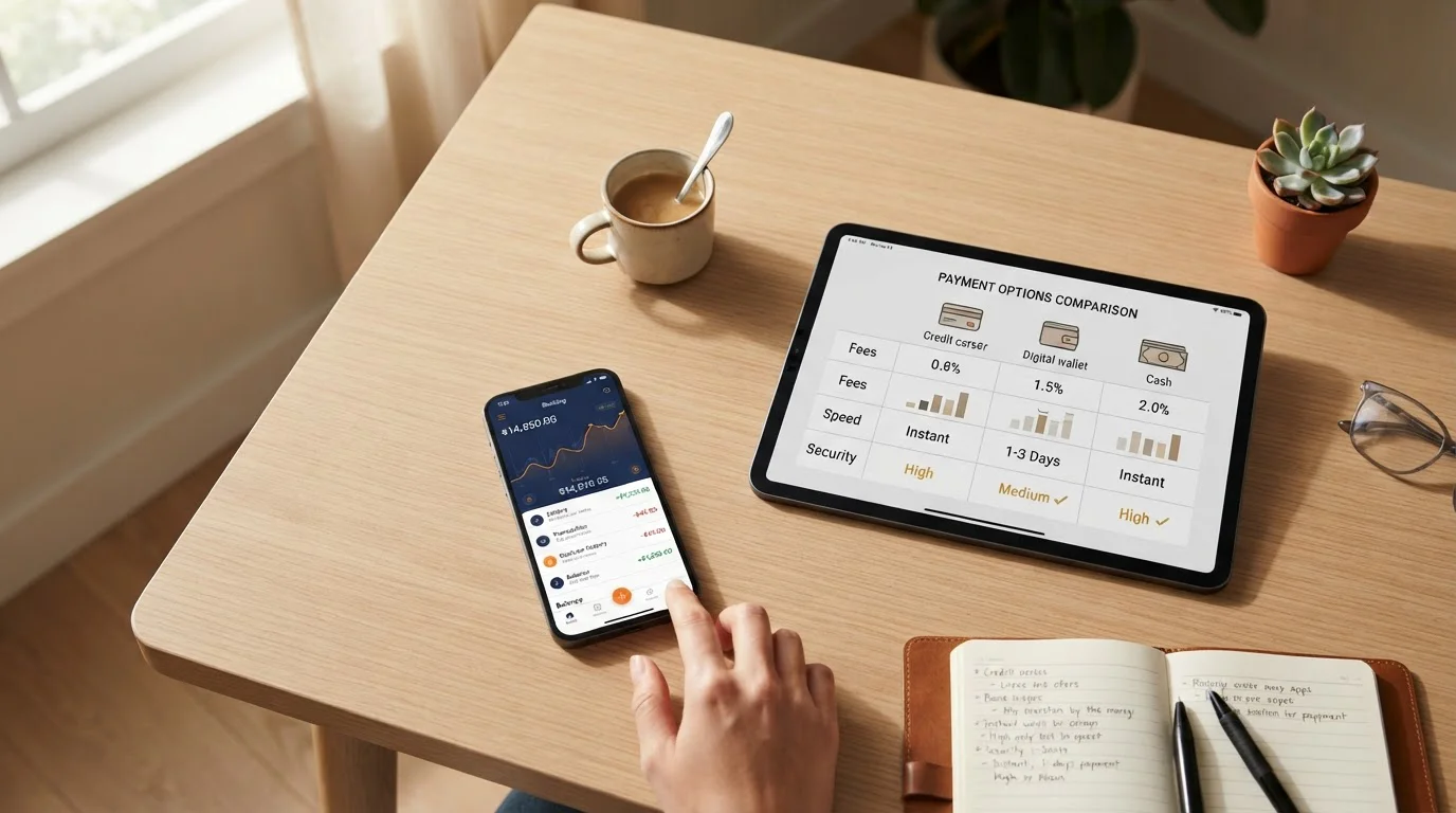 Workspace with smartphone showing banking app and tablet displaying payment comparison chart