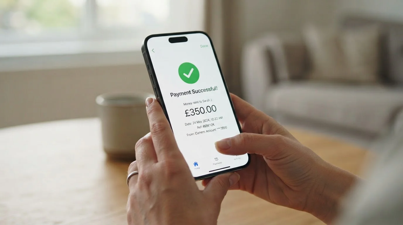 Smartphone showing successful bank transfer notification with green checkmark