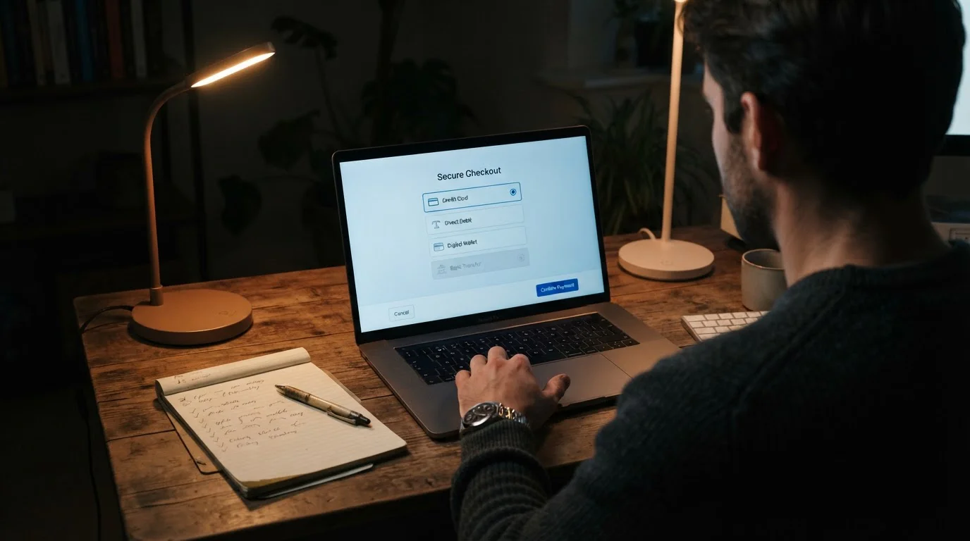 Player at a laptop reviewing a payment method list with one option unavailable