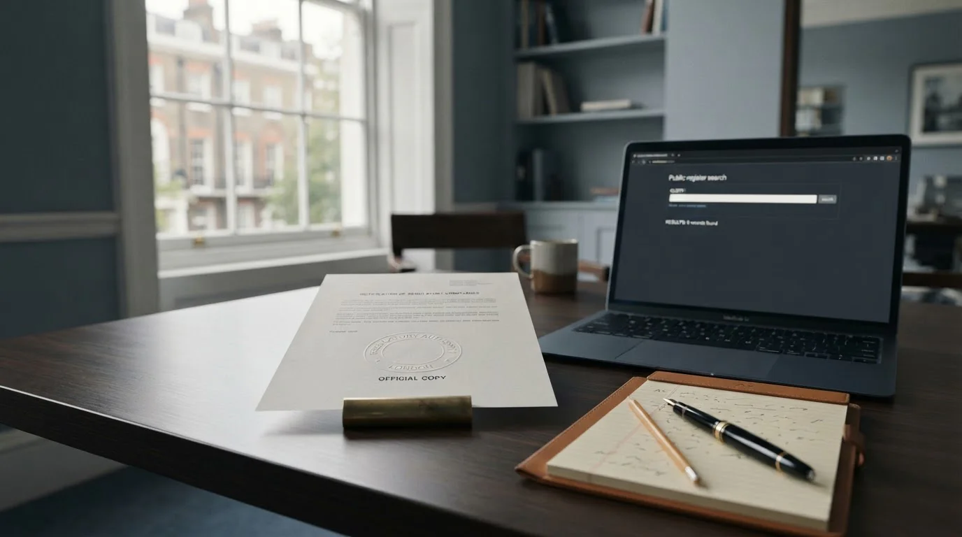 Stamped regulatory document and a public register search open on a laptop