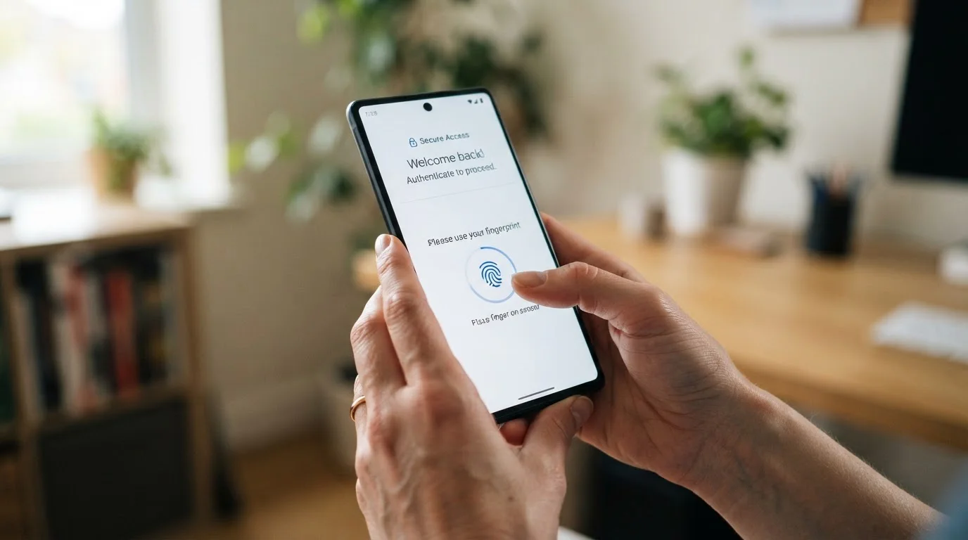 Close-up of mobile phone showing banking authentication screen during payment