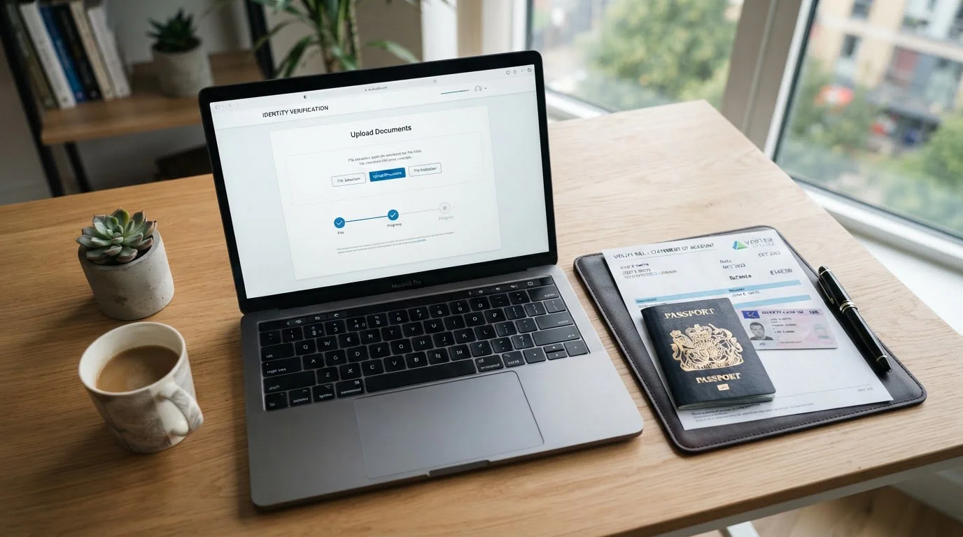 Person's hands typing on laptop with passport and ID documents beside keyboard