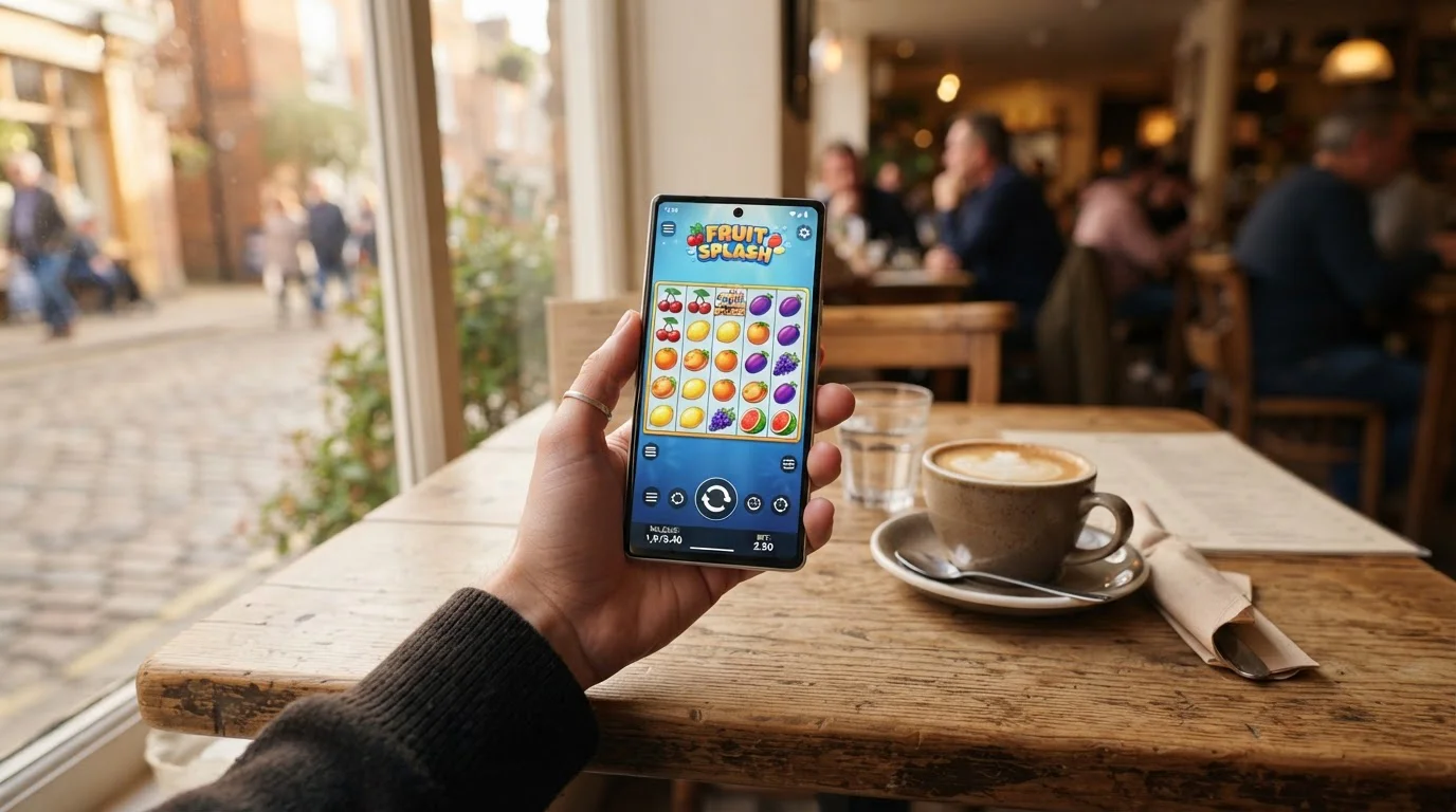 Smartphone showing mobile casino slot game on cafe table with coffee cup