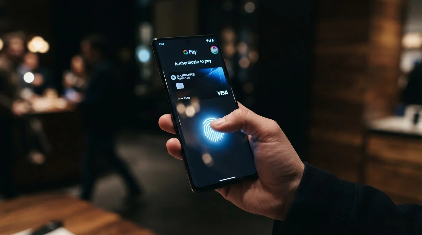 Smartphone showing Apple Pay and Google Pay authentication with fingerprint