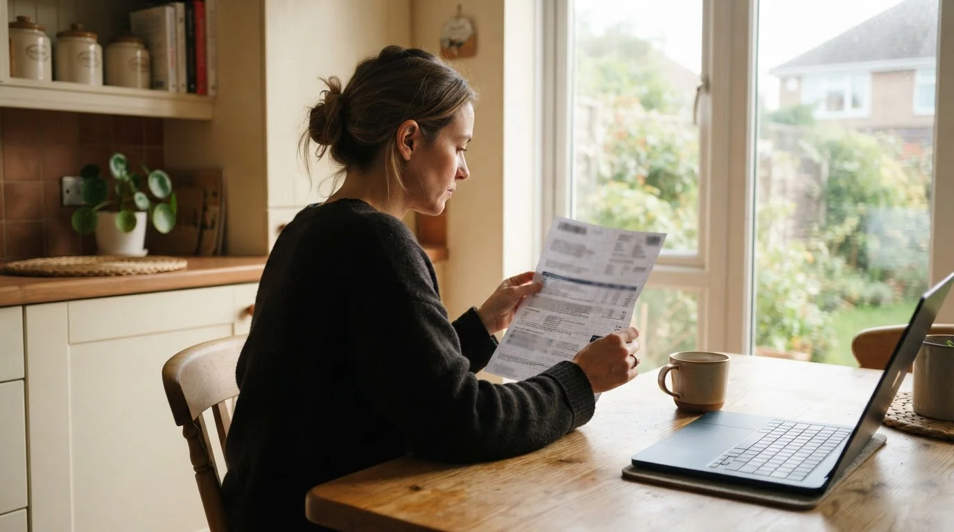 Person at a kitchen table reviewing a paper phone bill in daylight