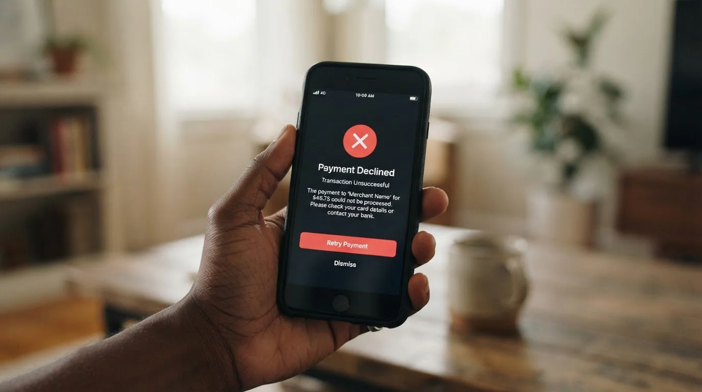 Smartphone displaying declined payment notification with mobile network icons