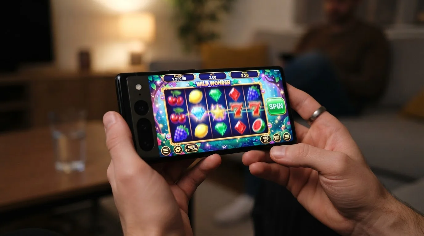Smartphone displaying mobile slot game with colorful reels and interface