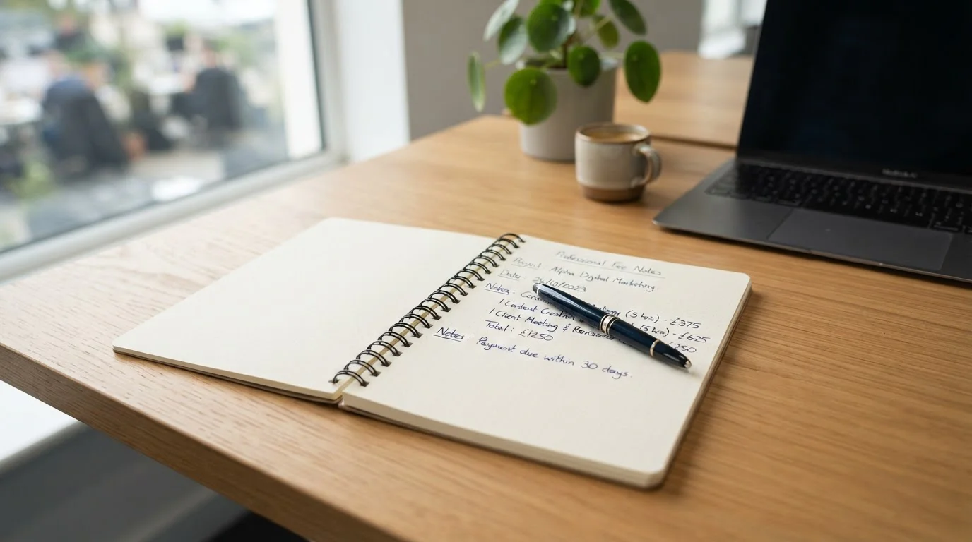 Fee structure breakdown document with calculator and notepad