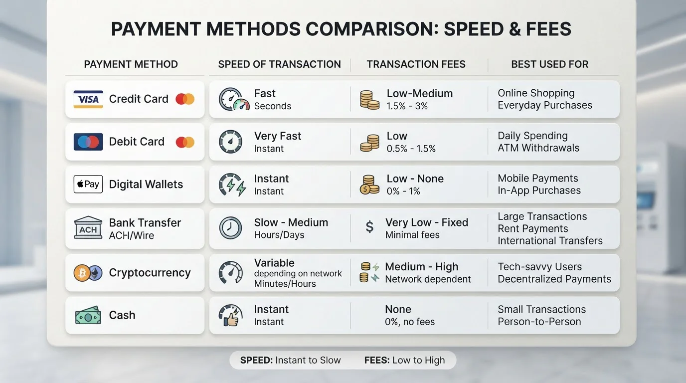 Payment methods comparison chart showing speed and fees