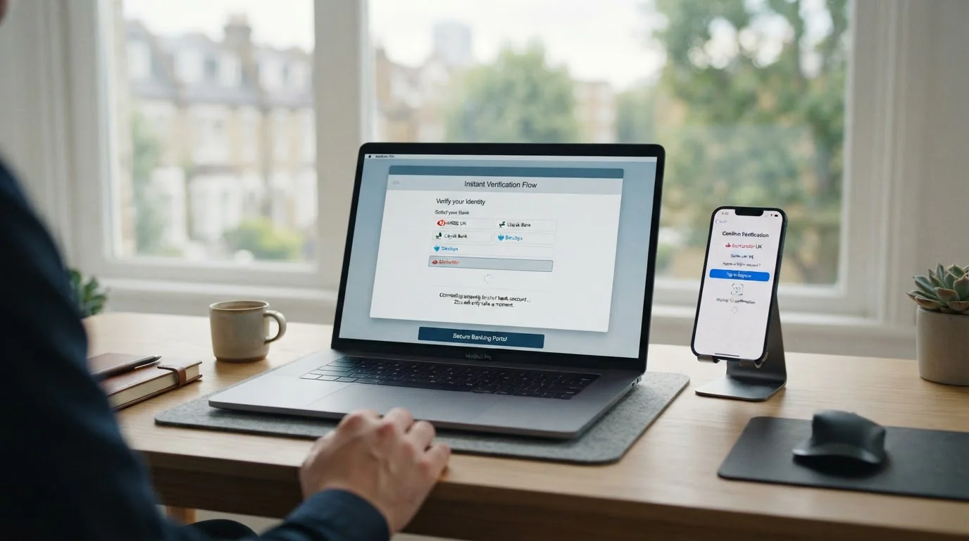 Modern UK banking interface showing instant verification for no account casino registration