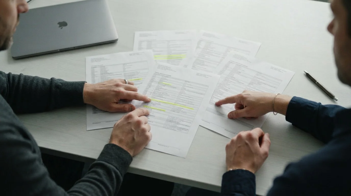 Hands comparing printed company records spread across a table