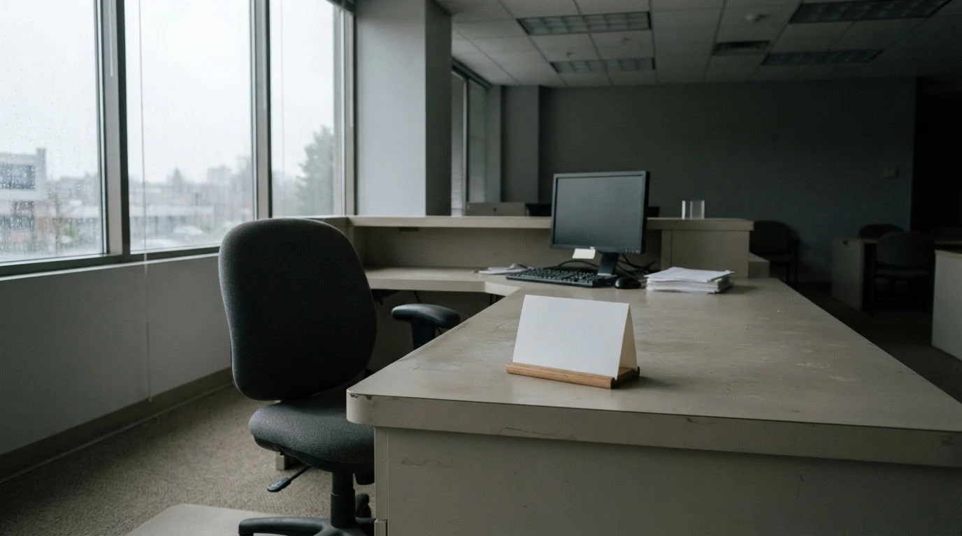 Empty office chair beside a help desk counter with a closed sign on it