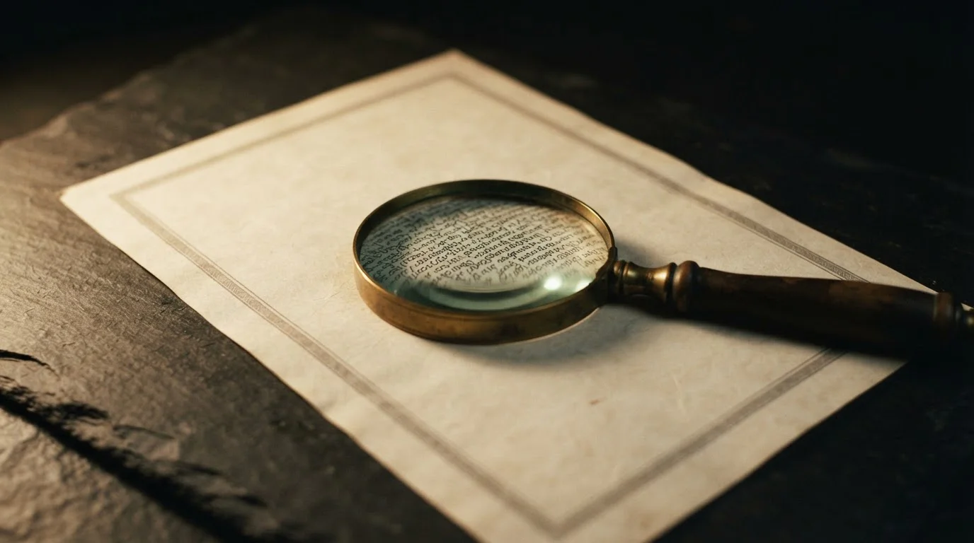 Unbranded licence certificate on a desk with a magnifying glass resting over the fine print