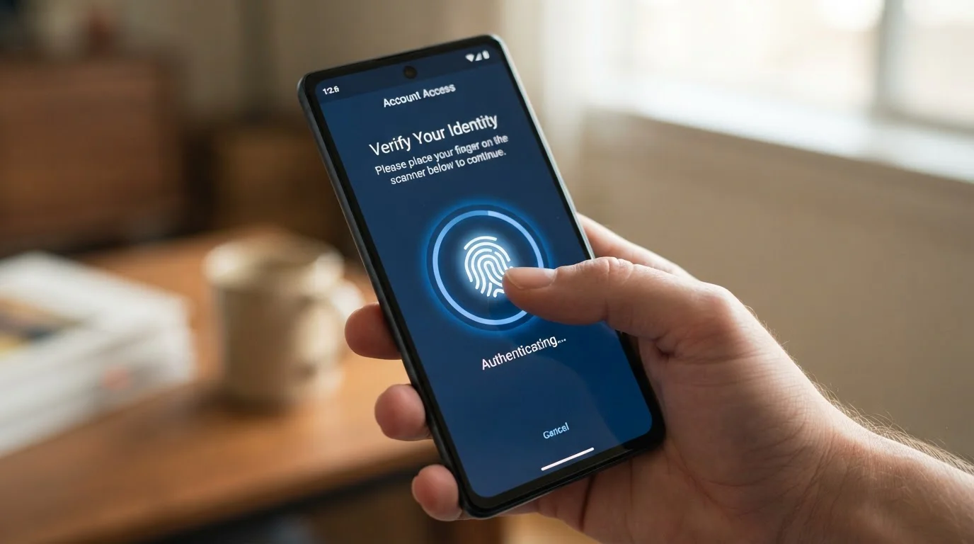 Close-up of smartphone displaying Open Banking payment authentication screen with biometric fingerprint icon