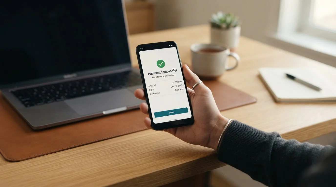 Open Banking payment interface showing fast transfer confirmation on mobile device